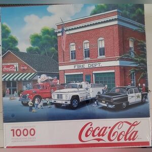 Coca-Cola Fire Department Scene Puzzle with Red and White Accents
